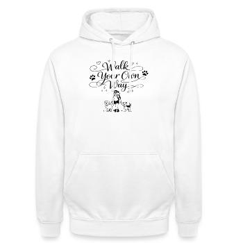 Walk your own way - Unisex Hoodie - Weiß - Vorne - AI Model Male 185 dark (185cm) & AI Model Female 172 dark (172cm)