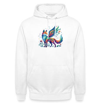 Magie des couleurs des ailes de renard - Sweat-shirt à capuche unisexe - blanc - Devant - AI Model Male 185 dark (185cm) & AI Model Female 172 dark (172cm)