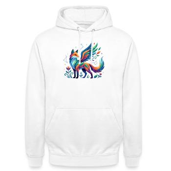 Renard fantastique coloré avec des ailes à motif cosmique - Sweat-shirt à capuche unisexe - blanc - Devant - AI Model Male 185 dark (185cm) & AI Model Female 172 dark (172cm)