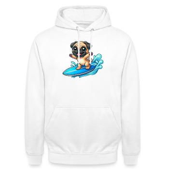 Kawaii Pug Surfer Planche de surf Surf Été - Sweat-shirt à capuche unisexe - blanc - Devant - AI Model Male 185 dark (185cm) & AI Model Female 172 dark (172cm)