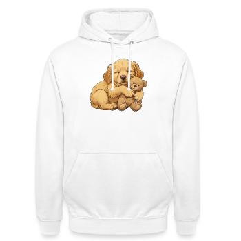 Golden Retriever Welpe mit Teddybär - Unisex Hoodie - Weiß - Vorne - AI Model Male 185 dark (185cm) & AI Model Female 172 dark (172cm)