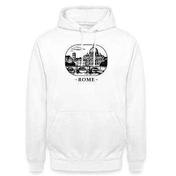 Stadtpanorama mit Dom und Brücke - Schriftzug Rome - Unisex Hoodie - Weiß - Vorne - AI Model Male 185 dark (185cm) & AI Model Female 172 dark (172cm)