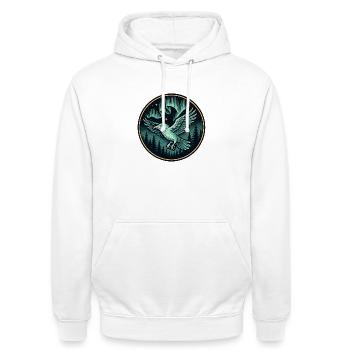 Nachtfalkenwald Emblem - Unisex Hoodie - Weiß - Vorne - AI Model Male 185 dark (185cm) & AI Model Female 172 dark (172cm)