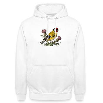 Chardonneret flamboyant sur chardon - Sweat-shirt à capuche unisexe - blanc - Devant - AI Model Male 185 dark (185cm) & AI Model Female 172 dark (172cm)
