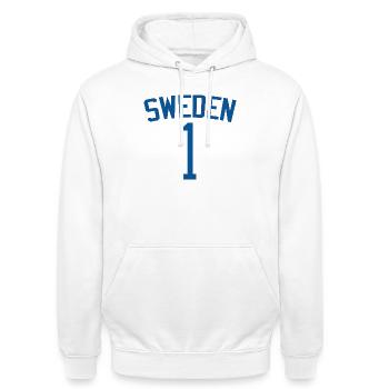 Sweden 1 – Sports Design - Unisex Hoodie - white - Front - AI Model Male 185 dark (185cm) & AI Model Female 172 dark (172cm)