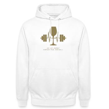 Genuss und Kraft: Wein und Gewichte - Unisex Hoodie - Weiß - Vorne - AI Model Male 185 dark (185cm) & AI Model Female 172 dark (172cm)