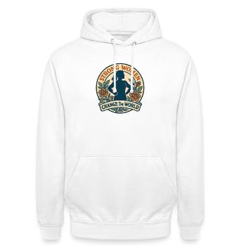 Femme forte – Changement du monde - Sweat-shirt à capuche unisexe - blanc - Devant - AI Model Male 185 dark (185cm) & AI Model Female 172 dark (172cm)