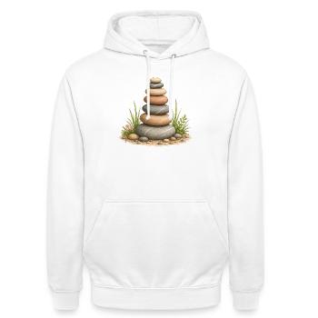 Motif du repos du jardin d’équilibre de la tour en pierre zen - Sweat-shirt à capuche unisexe - blanc - Devant - AI Model Male 185 dark (185cm) & AI Model Female 172 dark (172cm)