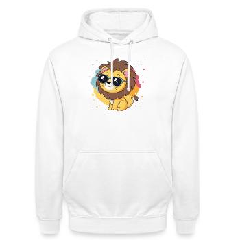 Bunter Löwe mit Brille - Unisex Hoodie - Weiß - Vorne - AI Model Male 185 dark (185cm) & AI Model Female 172 dark (172cm)