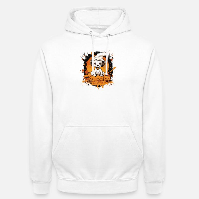 Petit chiot d’Halloween avec des citrouilles - Sweat-shirt à capuche unisexe - blanc