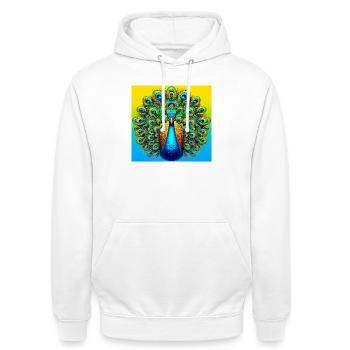 Pfau - Unisex Hoodie - Weiß - Vorne - AI Model Male 185 dark (185cm) & AI Model Female 172 dark (172cm)