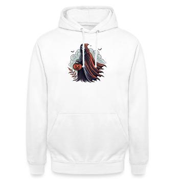 Faucheuse d'Halloween avec citrouille - Sweat-shirt à capuche unisexe - blanc - Devant - AI Model Male 185 dark (185cm) & AI Model Female 172 dark (172cm)