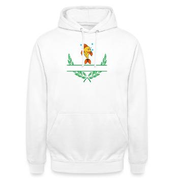 Fischlorbeerkranz mit Namensraum - Unisex Hoodie - Weiß - Vorne - AI Model Male 185 dark (185cm) & AI Model Female 172 dark (172cm)