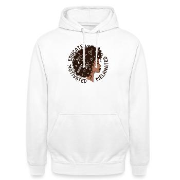 Femme éduquée, motivée et mélanée - Sweat-shirt à capuche unisexe - blanc - Devant - AI Model Male 185 dark (185cm) & AI Model Female 172 dark (172cm)