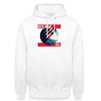 Surf néon New Wave des années 80 - Sweat-shirt à capuche unisexe - blanc - Devant - AI Model Male 185 dark (185cm) & AI Model Female 172 dark (172cm)