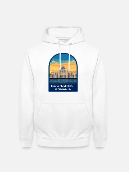 Bukarest Rumäniens Parlament Retro Sonnenuntergangsabzeichen - Unisex Hoodie - Weiß