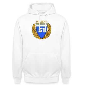 51 - Unisex Hoodie - Weiß - Vorne - AI Model Male 185 dark (185cm) & AI Model Female 172 dark (172cm)