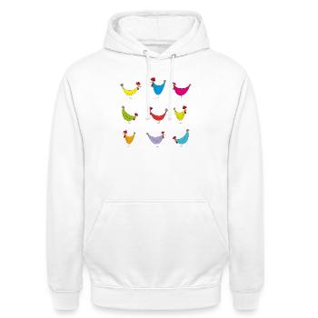 Poulet coloré motif joyeux - Sweat-shirt à capuche unisexe - blanc - Devant - AI Model Male 185 dark (185cm) & AI Model Female 172 dark (172cm)
