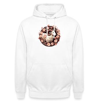 Crimson Ram Amid Blossoms - Unisex Hoodie - white - Front - AI Model Male 185 dark (185cm) & AI Model Female 172 dark (172cm)