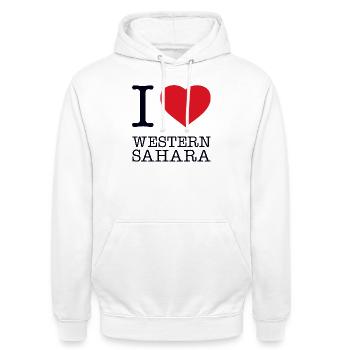 J’adore le Sahara occidental - Sweat-shirt à capuche unisexe - blanc - Devant - AI Model Male 185 dark (185cm) & AI Model Female 172 dark (172cm)