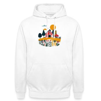 Rote Scheune im Sommerfeld Bauernhof Motiv - Unisex Hoodie - Weiß - Vorne - AI Model Male 185 dark (185cm) & AI Model Female 172 dark (172cm)