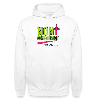 Christliche Popkunst Römer 12:2 Neon-Design - Unisex Hoodie - Weiß - Vorne - AI Model Male 185 dark (185cm) & AI Model Female 172 dark (172cm)