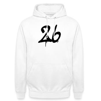 26 - Unisex Hoodie - Weiß - Vorne - AI Model Male 185 dark (185cm) & AI Model Female 172 dark (172cm)