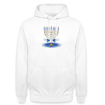 gold-colored Hanukkah candlestick with two doves - Unisex Hoodie - white - Front - AI Model Male 185 dark (185cm) & AI Model Female 172 dark (172cm)