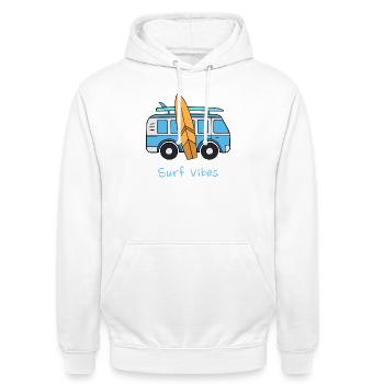 Surf Vibes Vintage Blue Travel Van Surfbrett - Unisex Hoodie - Weiß - Vorne - AI Model Male 185 dark (185cm) & AI Model Female 172 dark (172cm)