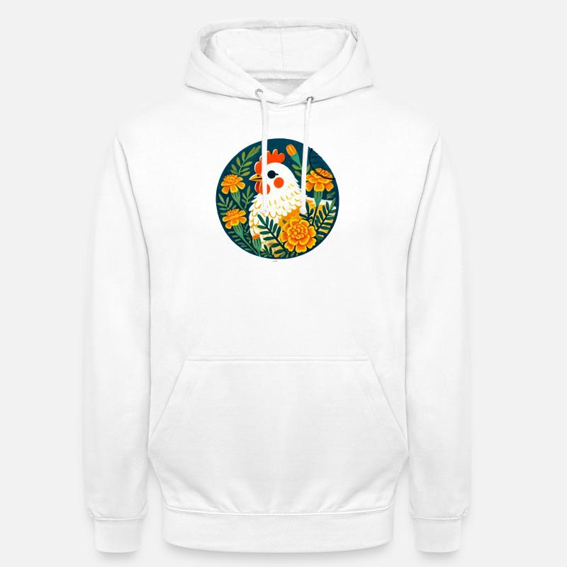 Sonnenhühner zwischen kräftigen Blumen - Unisex Hoodie - Weiß