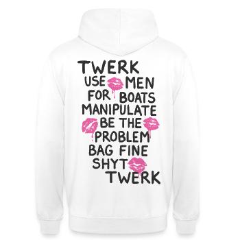 TWERK & MANIPULATE – Lip Gloss Agenda Vibes - Unisex Hoodie - white - Back - AI Model Male 185 dark (185cm)
