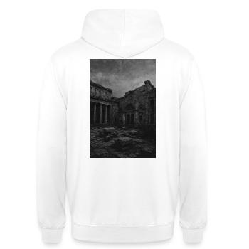 Monochrome Ruine im Verfall - Unisex Hoodie - Weiß - Hinten - AI Model Male 185 dark (185cm)