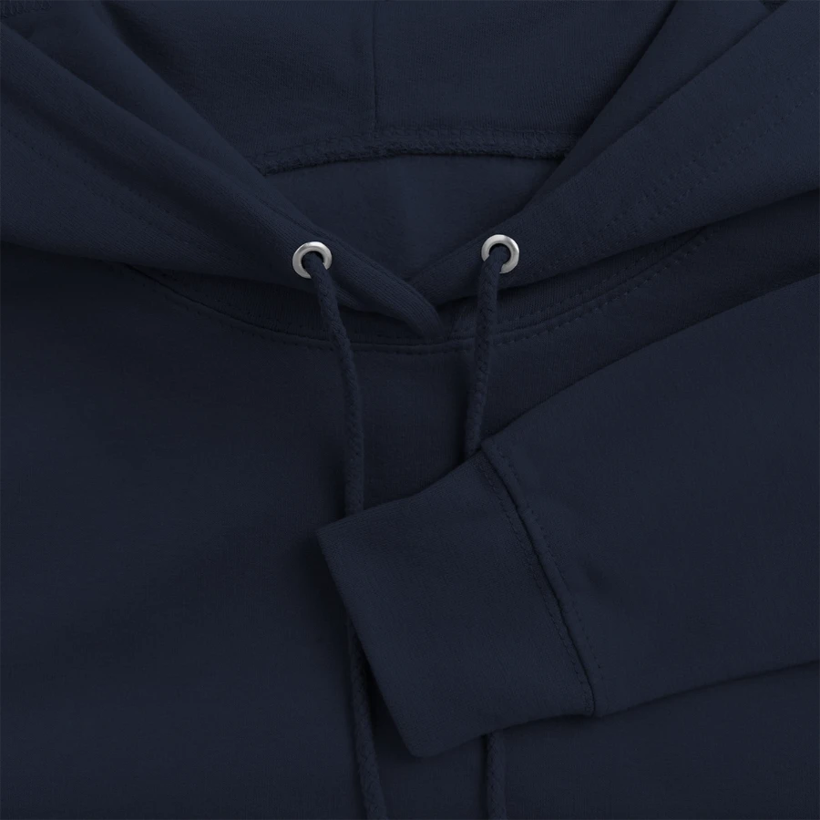 Interlaken badge on a unisex hoodie, navy, close-up