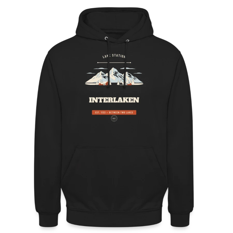 Interlaken badge on a unisex hoodie, black