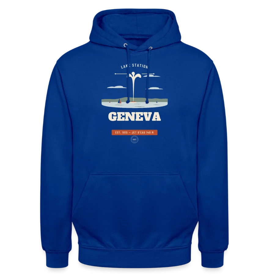 Geneva badge on a unisex hoodie, bright royal
