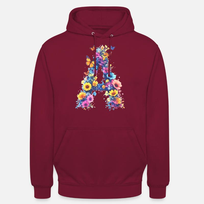 A - Lettre initiale florale 💐🌼🦋 - Sweat-shirt à capuche unisexe - bordeaux