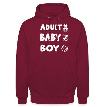 Adult Baby Boy Fetisch Windel Schnuller Spruch - Unisex Hoodie - Bordeaux - Vorne - Alina (178cm) & Michal (187cm)