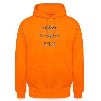 Latin credo ergo sum théologie Wordart jeu de mots - Sweat-shirt à capuche unisexe - orange - Devant - AI Model Male 185 light (185cm) & AI Model Female 180 light (180cm)