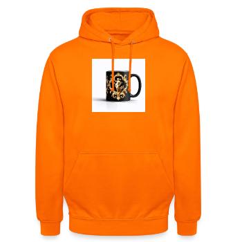 Barocke goldene Figur auf einer schwarzen Tasse - Unisex Hoodie - Orange - Vorne - AI Model Male 185 light (185cm) & AI Model Female 180 light (180cm)