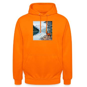 Deer at the mountain lake - Unisex Hoodie - orange - Front - AI Model Male 185 light (185cm) & AI Model Female 180 light (180cm)