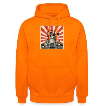 Katzen-DJ Retro Pop Art - Unisex Hoodie - Orange - Vorne - AI Model Male 185 light (185cm) & AI Model Female 180 light (180cm)