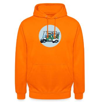 Golftruppe im Golfwagen - Unisex Hoodie - Orange - Vorne - AI Model Male 185 light (185cm) & AI Model Female 180 light (180cm)