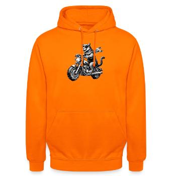 Un grand chat à moto - Sweat-shirt à capuche unisexe - orange - Devant - AI Model Male 185 light (185cm) & AI Model Female 180 light (180cm)