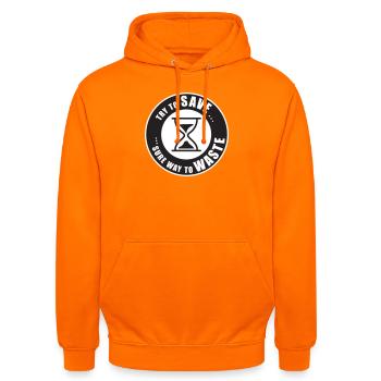 Zeit ist Geld – Sanduhr Warnung - Unisex Hoodie - Orange - Vorne - AI Model Male 185 light (185cm) & AI Model Female 180 light (180cm)