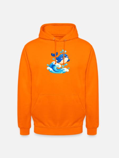 Fröhlicher Blauwal auf Wellen - Unisex Hoodie - Orange