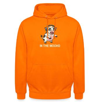Tanzende Kuh mit DJ Stimmung Lustige Sprüche - Unisex Hoodie - Orange - Vorne - AI Model Male 185 light (185cm) & AI Model Female 180 light (180cm)