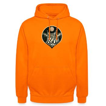 Silent Focus - Luchs im Woodcut Stil - Unisex Hoodie - Orange - Vorne - AI Model Male 185 light (185cm) & AI Model Female 180 light (180cm)