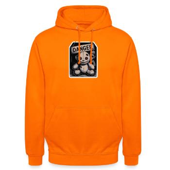 Unheimliche Puppe mit Gefahrenschild - Unisex Hoodie - Orange - Vorne - AI Model Male 185 light (185cm) & AI Model Female 180 light (180cm)