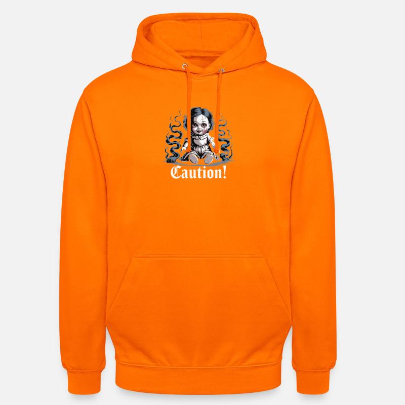 Poupée effrayante avec texte d’avertissement - Sweat-shirt à capuche unisexe - orange