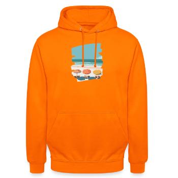 Bunter Strand mit Sonnenschirmen - Unisex Hoodie - Orange - Vorne - AI Model Male 185 light (185cm) & AI Model Female 180 light (180cm)